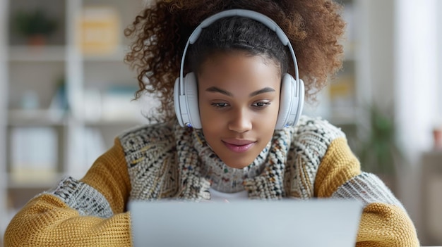 minimalistic student setup bright close up portrait listening to music while studying