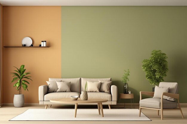 Minimalistic studio room with sofa and armchairs in cool matcha colour home plants