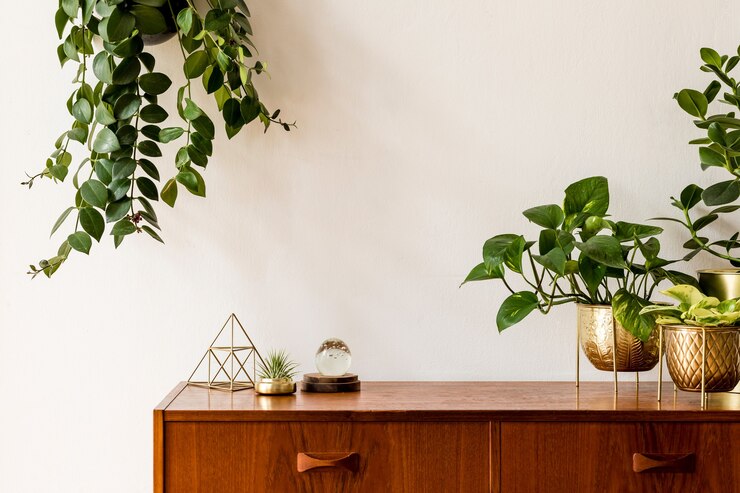 Minimalistic and stylish mock up poster frame concept with retro furnitures, hanging plant, table lamp, decoration and elegant accessories. White walls. Template.