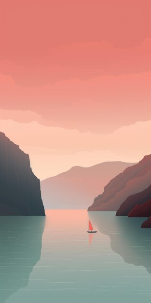 Photo minimalistic sunrise boat on mountain water vector wallpaper