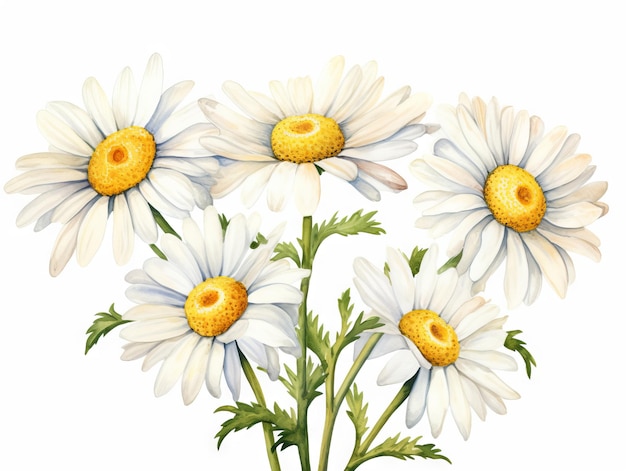 Minimalistic Superb Watercolor Illustration of White Daisy Flowers AI Generated