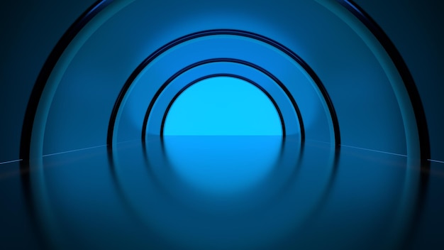 Tunnel minimalista triangolare blu scuro riflessi del pavimento bagliore geometria prospettiva profondità 3d render