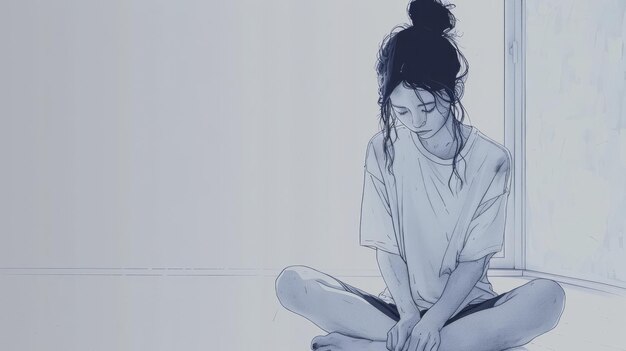 Photo minimalistic ui illustration of sad woman sitting on floor with bright color scheme