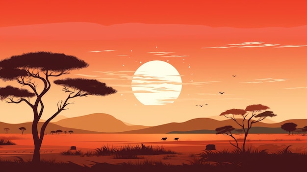 Minimalistic Vector Art Of African Sunset Savannah In Kenya