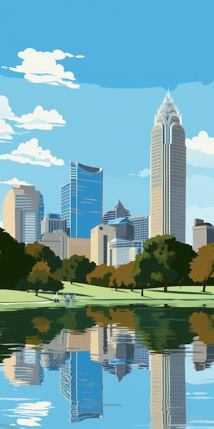 Minimalistic Vector Art Of Carolina City Skyline With Lake Background