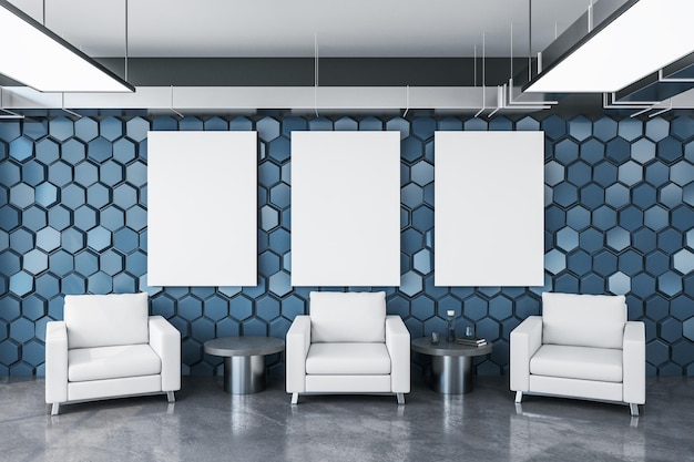 minimalistic waiting room with three chairs and blank poster on wall