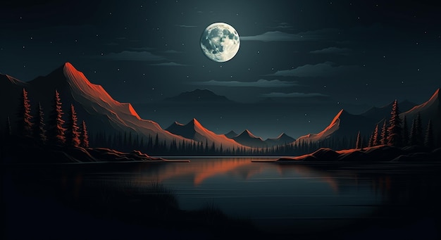 minimalistic wallpaper of mountains and lake at night