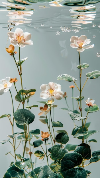 minimalistic water with floating flowers and plants on white background for sale