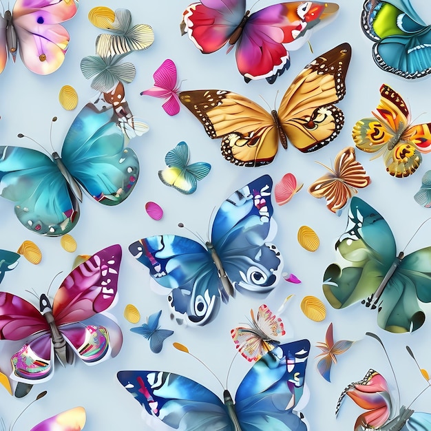 ミニマルな水彩のカラフルなかわいい蝶のパターン シームレスな蝶のパターンの図