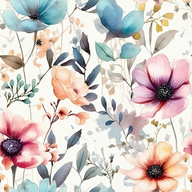 Minimalistic Watercolor Flowers in Pastel Colors on Light Background