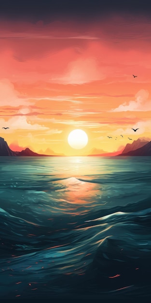 Minimalistic Watercolor Sunset Ocean Painting