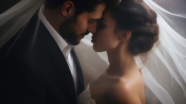 Minimalistic Wedding Bride and Groom Kissing under Veil AI Generated
