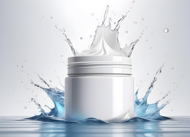 Photo minimalistic white jar with cosmetic cream in splashes of water on a white background mockup