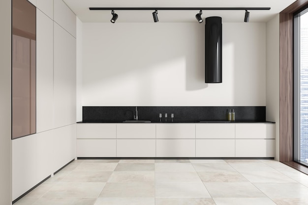 Minimalistic white kitchen with tiled floor