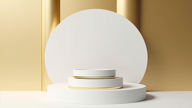 Minimalistic white podium for product placement in gold direct light backdrop with generative ai