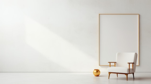 Minimalistic White Room With Golden Chair And Oversized Art Print