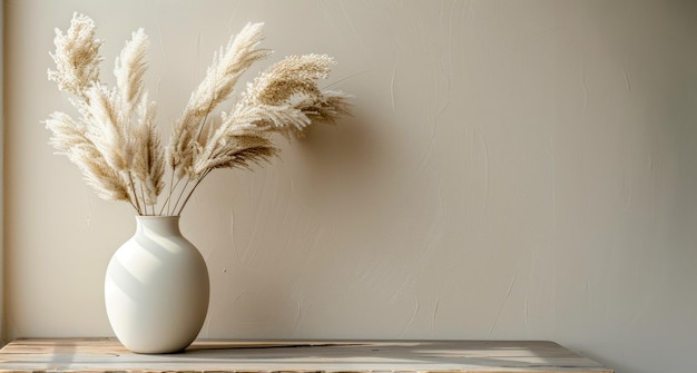 木製のテーブルに乾燥したパンパスのミニマリストの白い花瓶