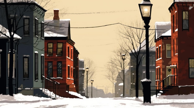 Минималистичная зимняя уличная сцена со зданиями и фонарными столбами, созданная ИИ