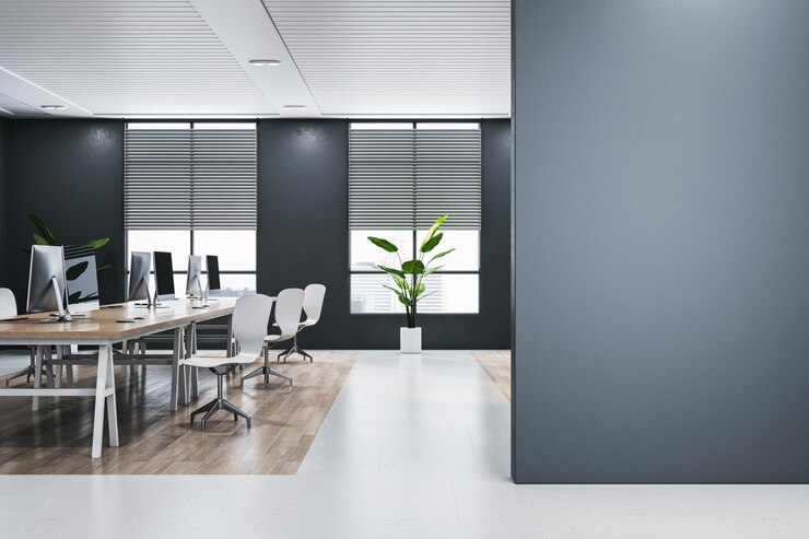 Photo minimalistic wooden and concrete coworking office interior with empty mock up place on wall panoramic window and city view furniture and decorative plants blinds 3d rendering