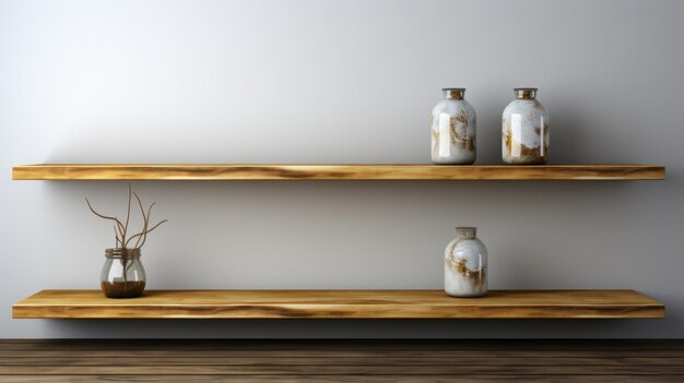 Photo minimalistic wooden shelves with empty vases zeninspired decor