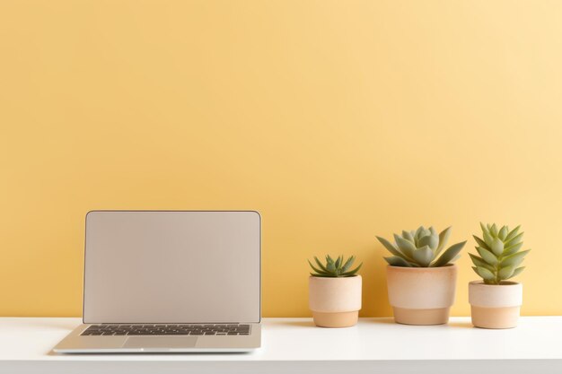 Minimalistic workspace with a modern laptop smartphone and potted succulent on a sleek desk