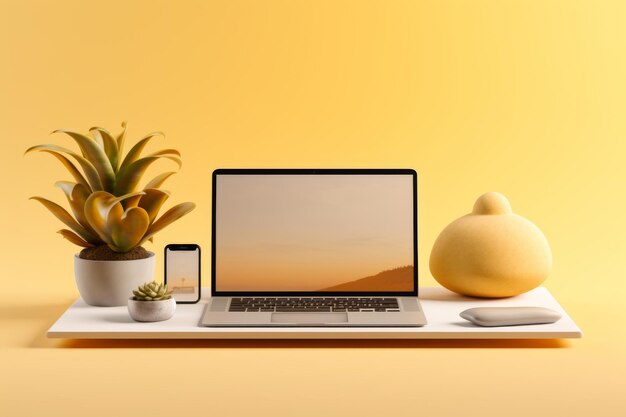 Minimalistic workspace with a modern laptop smartphone and potted succulent on a sleek desk