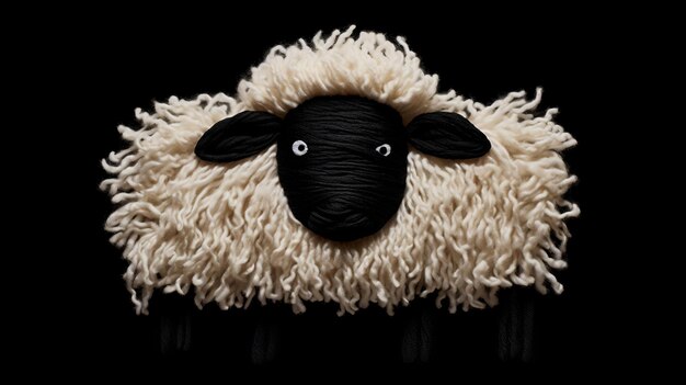 Minimalistic Yarn Painting Happy Sheep On Black Background