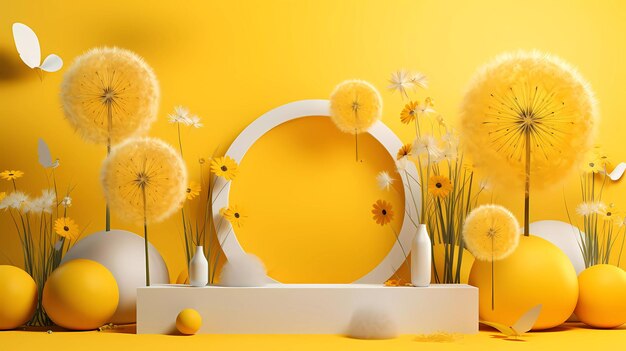 Photo a minimalistic of yellow podium display with dandelion flower