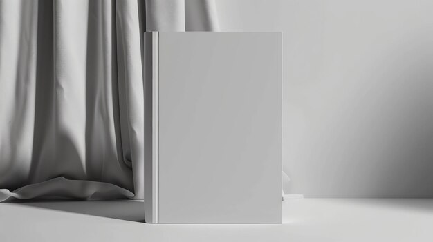 A minimalistically designed book cover mockup featuring a plain white book standing on a solid white surface against a backdrop of soft flowing white