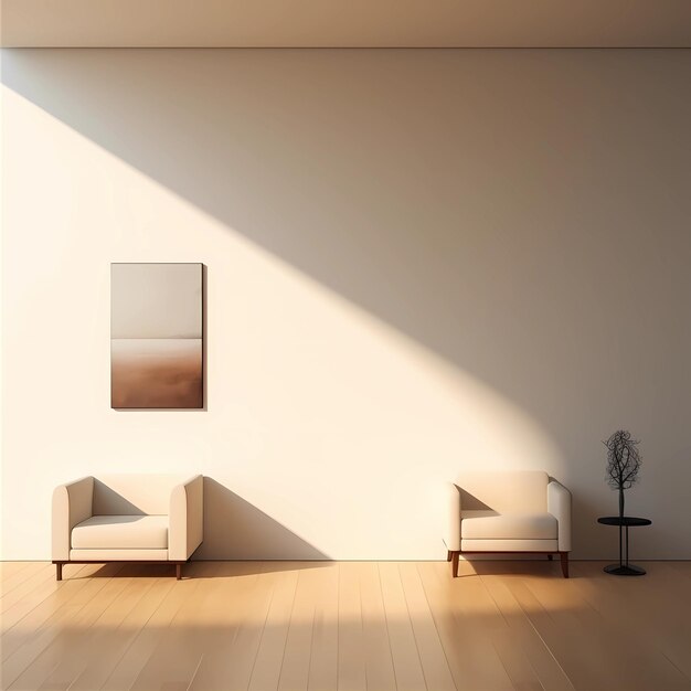 Minimalistisch beige interieur met oranje fauteuil en licht in het raam