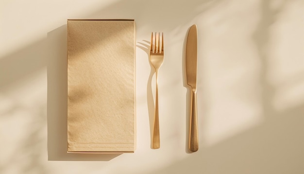 Minimalistisch bestek mockup design luxe vibes op de verpakking met stijlvolle elegante gouden bestek