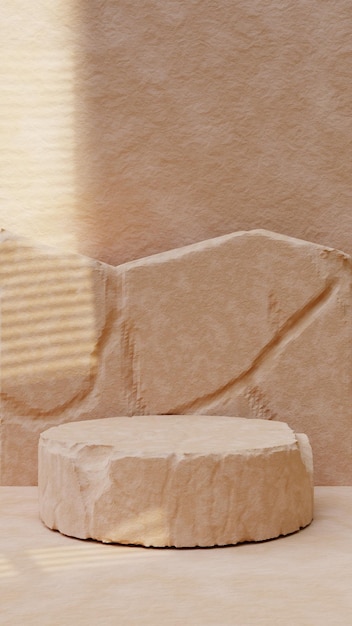 Minimalistisch buisvormig stenen podium met geërodeerde steen op de achterkant voor productpresentatie 3d render