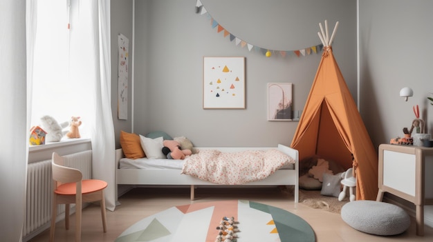 Minimalistisch decor en kleuraccenten in de minimalistische slaapkamer van een kind gegenereerd door AI