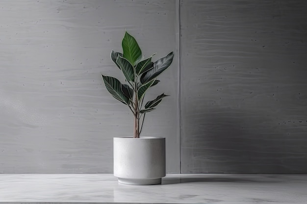 Minimalistisch decor met kamerplant in betonnen bloempot en witte vaas