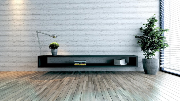 Minimalistisch design tv-ruimte voor moderne kantoren of huizen tv-meubel kleine plant 3D-rendering