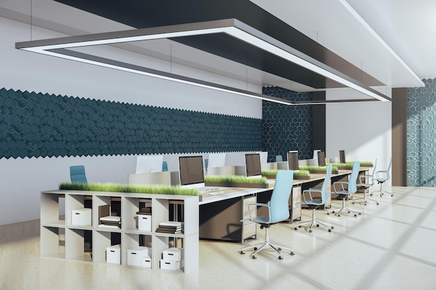 Minimalistisch eco-kantoorinterieur met groen gras op tafel en computers