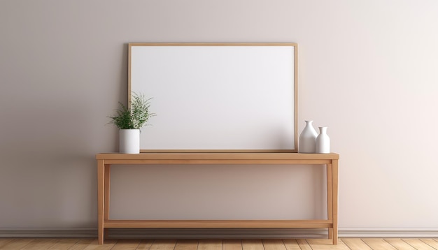 Minimalistisch frame en houten console met silhouetverlichting