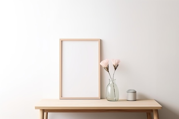 Minimalistisch frame Pastel muur Houten tafel Eenvoudige elegantie