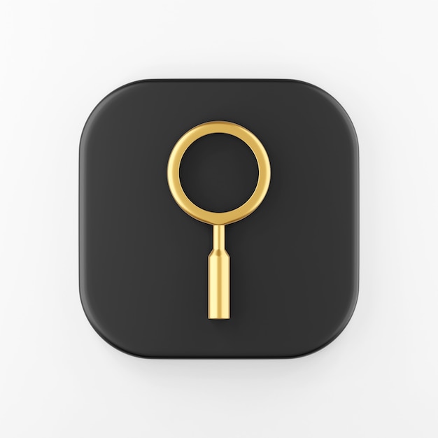 Minimalistisch gouden vergrootglaspictogram. 3D-rendering zwarte vierkante sleutelknop, interface ui ux-element.
