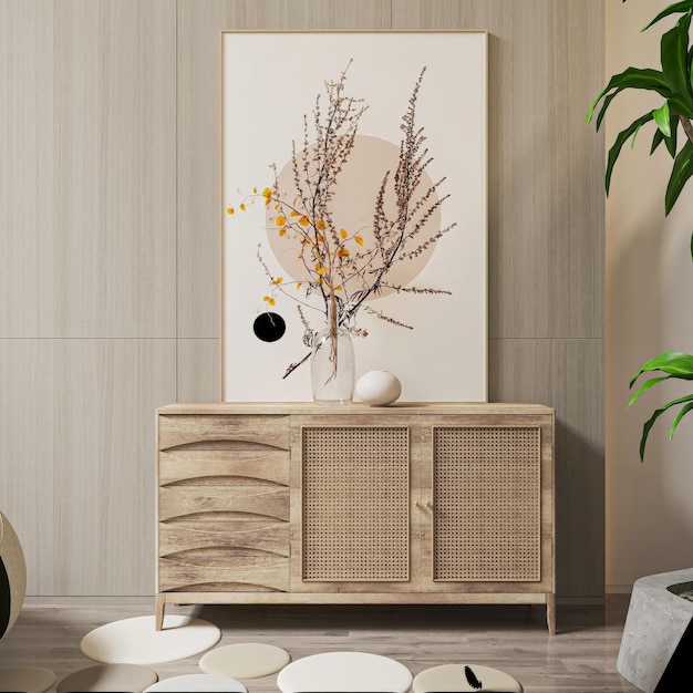 Minimalistisch houten bureaublad met modern bloemenkunstdecor
