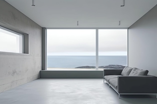 Minimalistisch huis met uitzicht op zee op grijze achtergrond