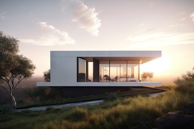 Minimalistisch huis met uitzicht op zonsopgang of zonsondergang omgeven door groen gecreëerd met generatieve AI