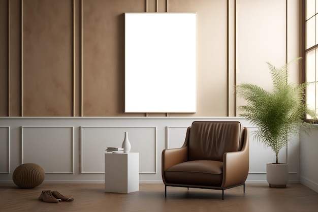 Minimalistisch interieur met een wit canvas dat aan een blinde muur hangt, met een bruinleren fauteuil