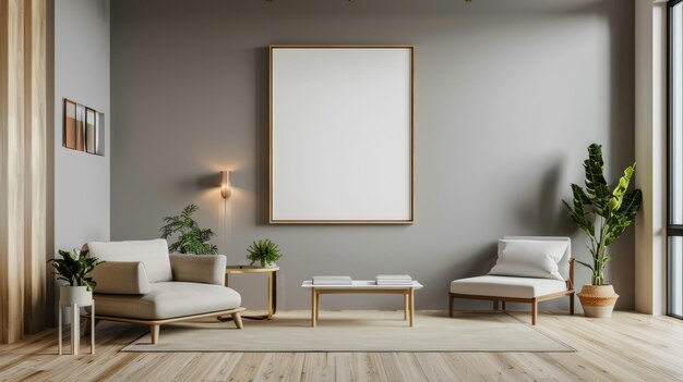 Minimalistisch interieur met een witte moderne fauteuils tafelpot met planten en lichtgekleurde muren