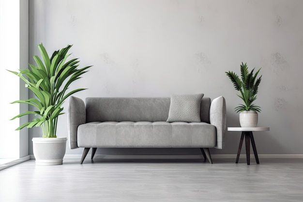 Minimalistisch interieur met kamerplant in betonnen bloempot en strakke meubels