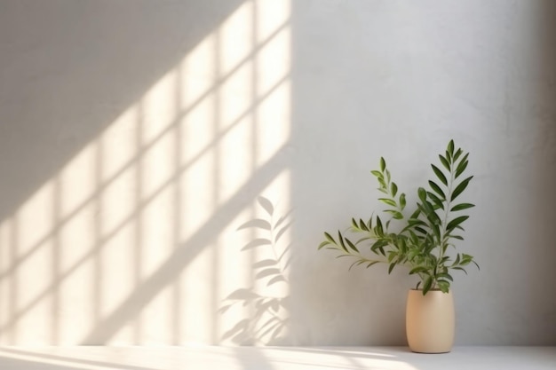Minimalistisch interieur met schaduwen en zonlicht Samenstelling van planten in stijlvolle pot in witte woonkamer Generatieve AI-illustratie