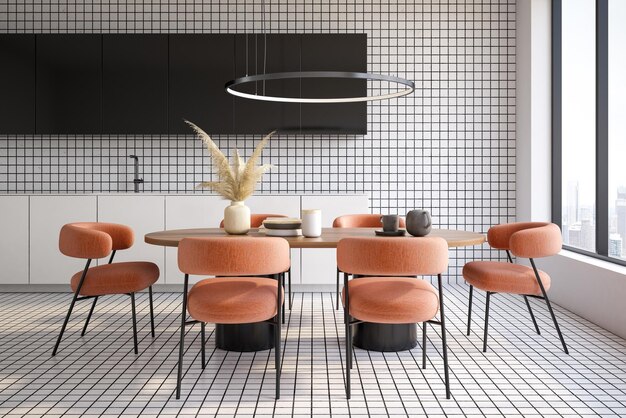 Minimalistisch interieur van keuken eetkamer 3D-rendering