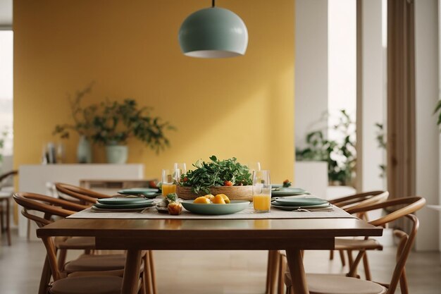 Minimalistisch interieur van keuken eetkamer Witte meubels diner tafel stoel moderne decor voedsel