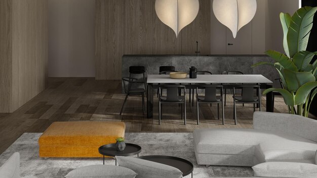 Minimalistisch interieur van moderne woonkamer 3D-rendering