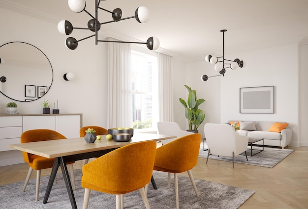 Minimalistisch interieur van moderne woonkamer 3D-rendering